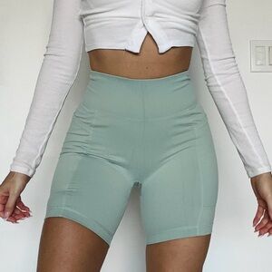 High-Rise Sage Green Women’s Bike Shorts with Sculpting Waistband